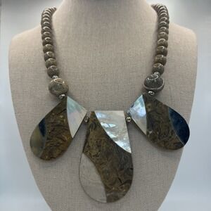 Beaded Shell Stone Teardrop Pendant Necklace Brown Silver Nature Statement